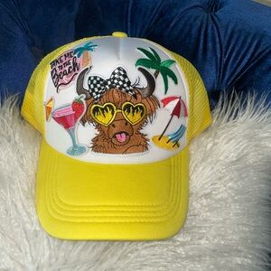 Women’s Custom Made Yellow Mesh Trucker Hat with Beach Cow Graphic